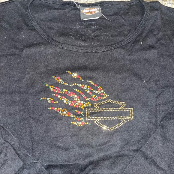 Y2K Harley Davidson Black Long Sleeve Shirt with Flame Design Rhinestones‎ - Picture 2 of 4